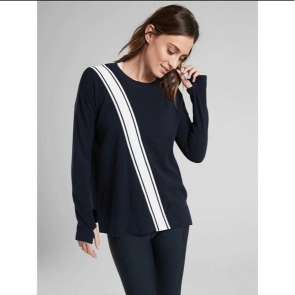 Athleta Navy Blue Streetwise‎ Sweater Stripe Long Sleeve Thumbholes